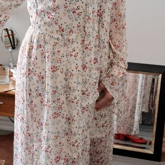Romantic bohemian tiny floral chiffon sleeves summer dress lined hi low hem S - Picture 11 of 16